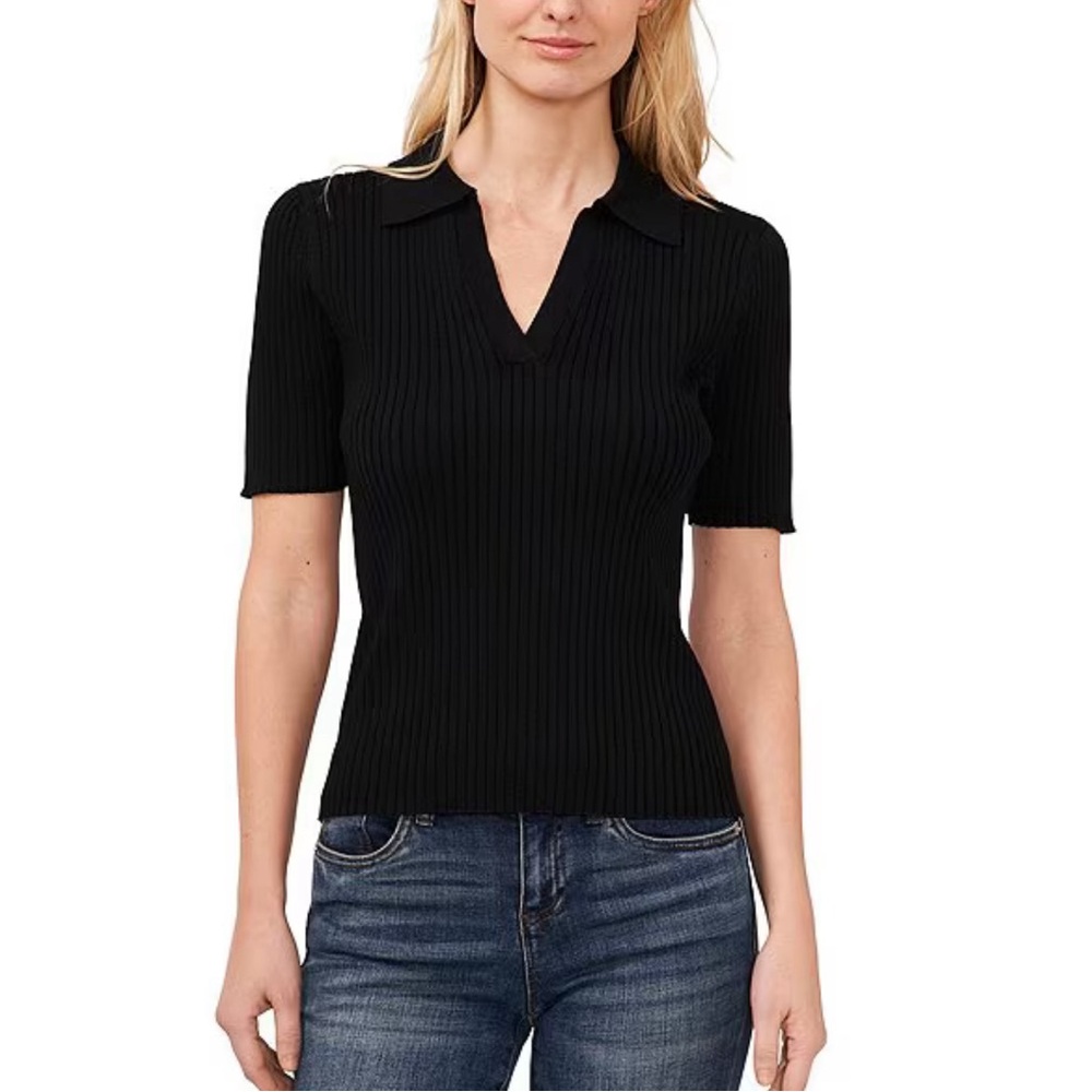 Ribbed Polo Half Sleeve in Black